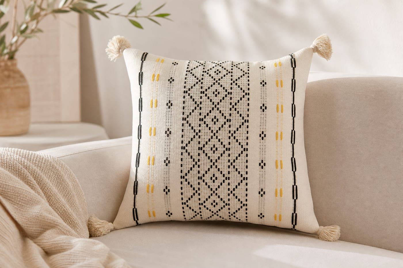 Coussin ethnique noir et jaune à pompons