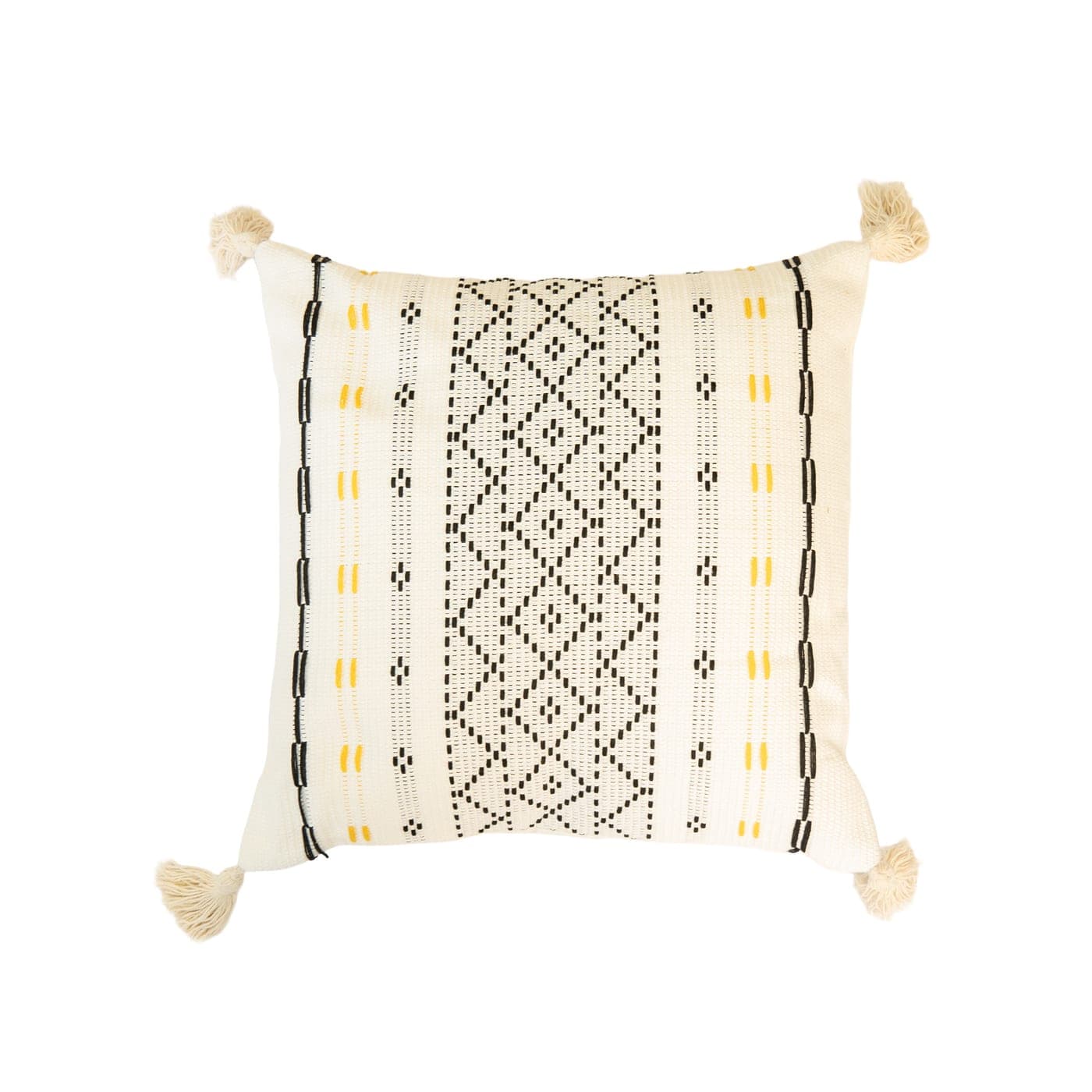 Coussin ethnique noir et jaune à pompons — vue 2