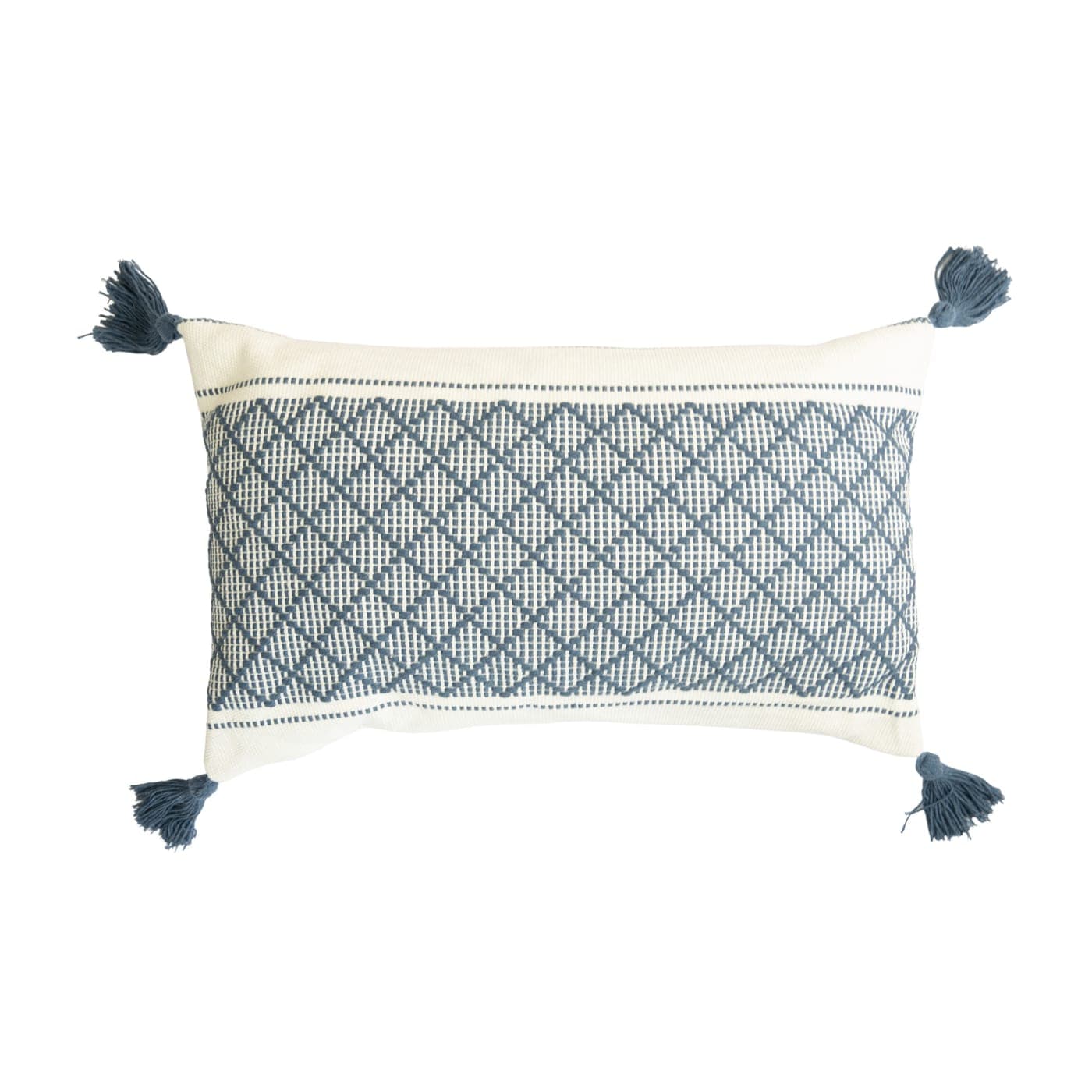 Coussin rectangulaire losanges bleu à pompons — vue 2