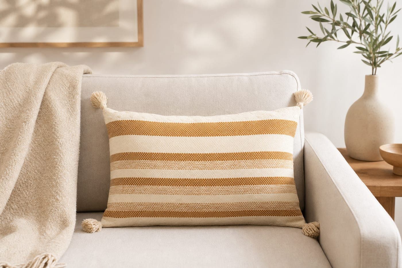 Coussin rectangulaire rayé camel à pompons