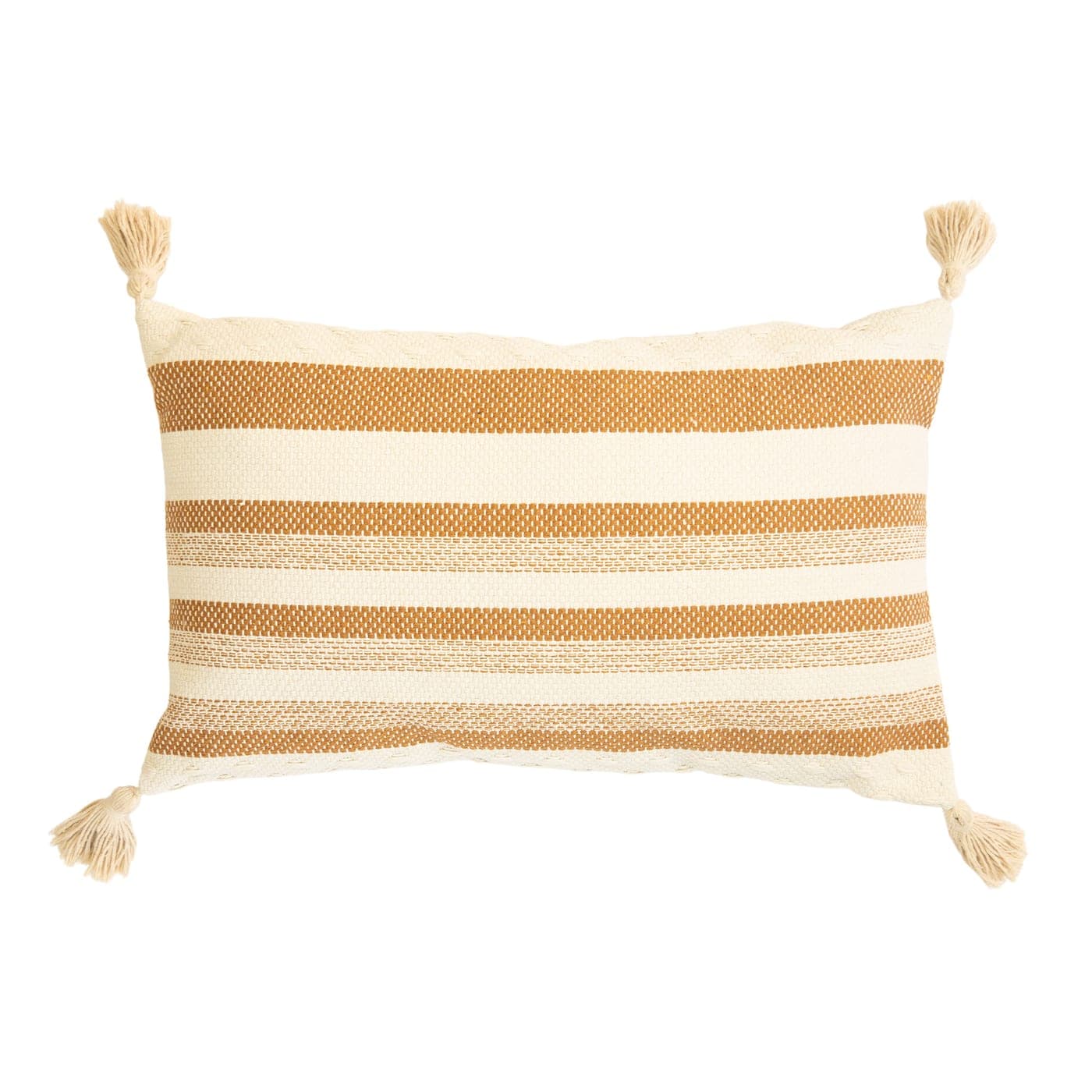 Coussin rectangulaire rayé camel à pompons — vue 2