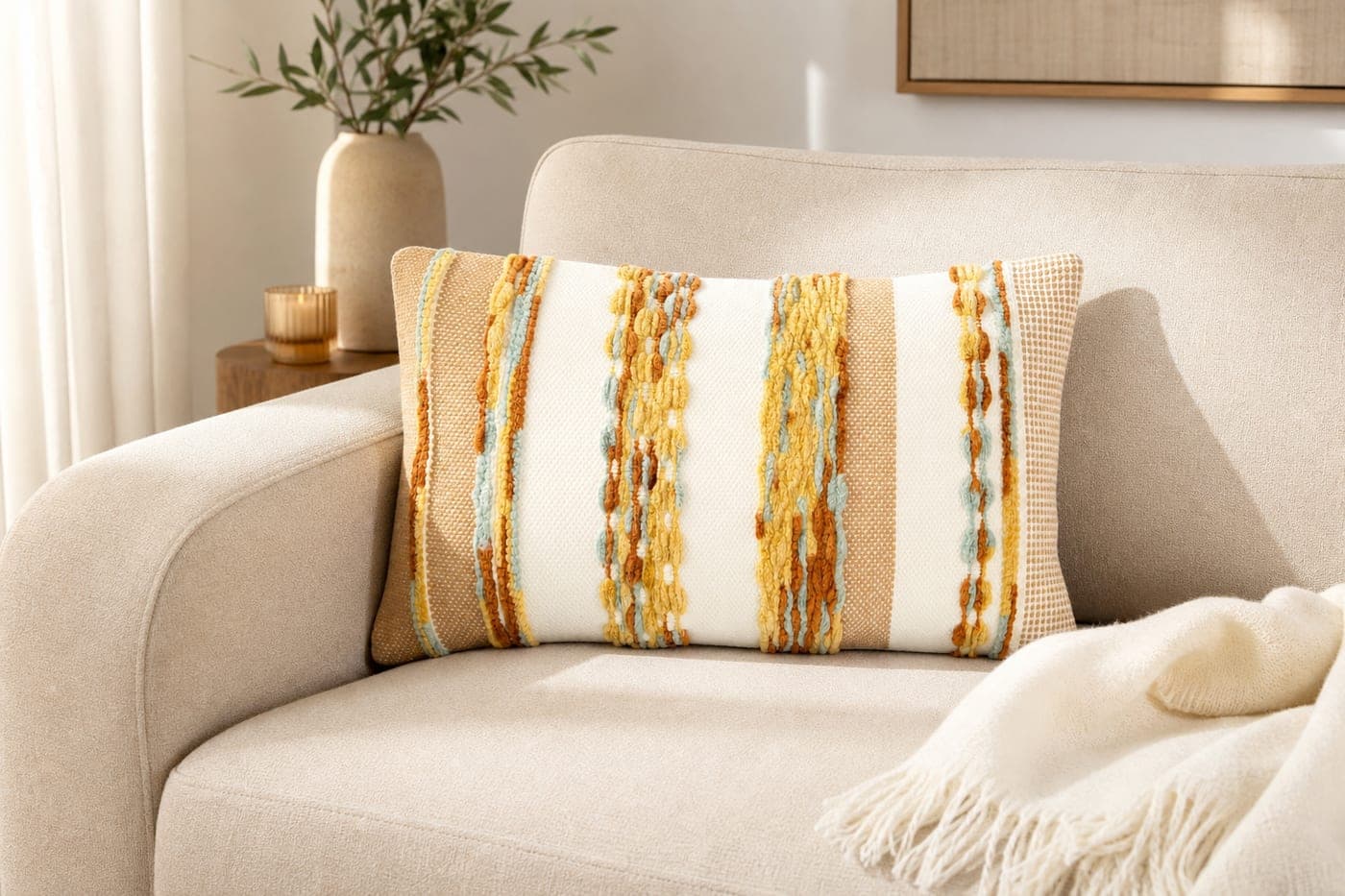 Coussin texturé beige et ocre
