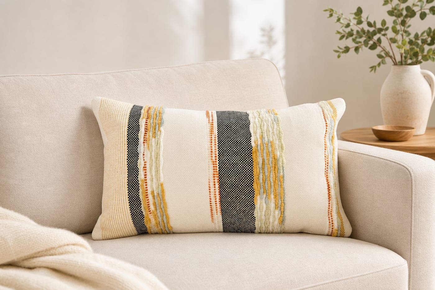 Coussin texturé rayé noir et terracotta