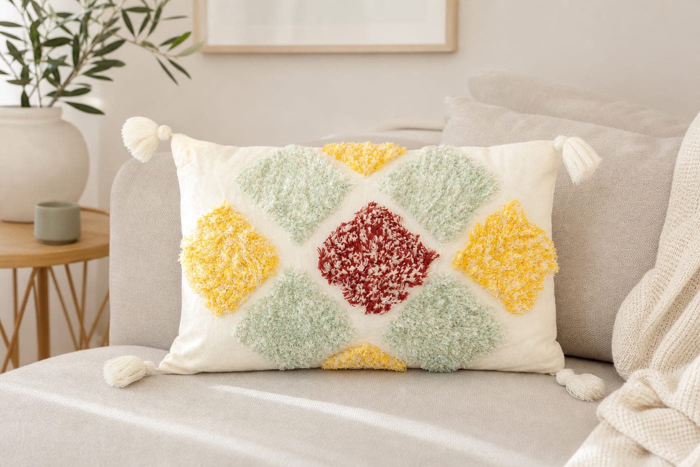 Coussin tufté multicolore à pompons
